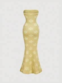 SHEIN MOD 女士时尚优雅浪漫抹胸修身毛衣裙 - 黃色 - 查看 2