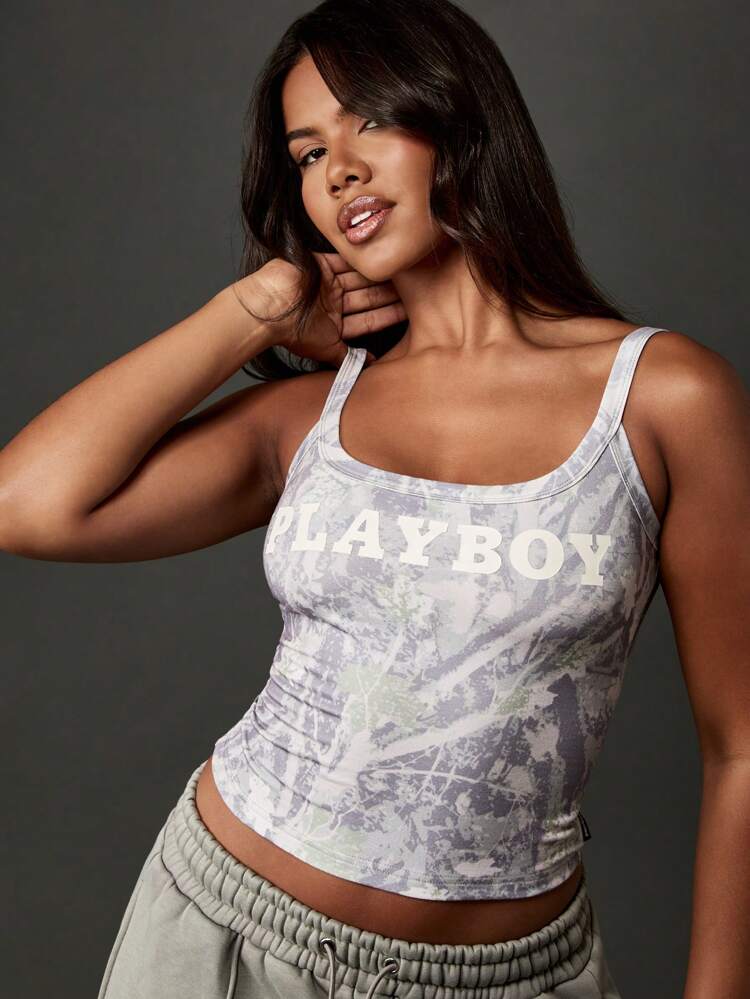 Missguided x Playboy Cami Tank Top Crop Square Neck Sleeveless Fitted Summer Basic Lounge Casual Festival Fashion Streetwear Camisole Tank For Women