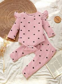 SHEIN Tuta Per Neonata Con Stampa Di Cuori A Manica Lunga E Pantaloni Jogger