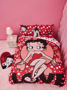 Betty Boop x SHEIN 波点爱心图案被套套装，温暖柔软，多种尺寸可选，三件套，礼品之选，派对、节日、情人节适用 - 彩色 - 查看 5