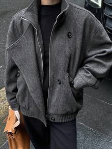 DAZY 女士立领双排扣拉链宽松休闲夹克冬季女式外套 - 深灰色 - 查看 2