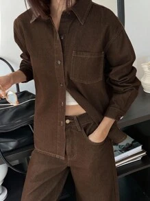 DAZY 女式长袖衬衫和宽松长裤两件套休闲牛仔套装 - 咖啡棕 - 查看 5