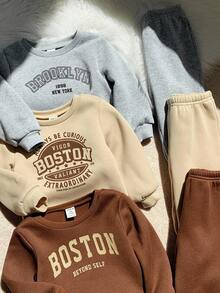 Bộ 6 bộ đồ thể thao thường ngày cho bé trai/bé gái, áo nỉ dài tay in chữ dễ thương và quần jogger, quần áo mùa đông đa năng cho bé trai/bé gái - Nhiều màu - Xem 5