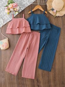 SHEIN Genkimix Kids 4pcs/Set Girls' Casual Charming Camisole Top Paired With Relaxed Wide Leg Pants, Pink & Beige, Suitable For Daily Outings, Vacation & Leisure Wear - Multicolor - View 2