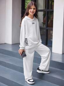 Tween Girl Letter Graphic Hoodie And Sweatpants Set, Casual Sports, Autumn Fall Winter - White - View 4