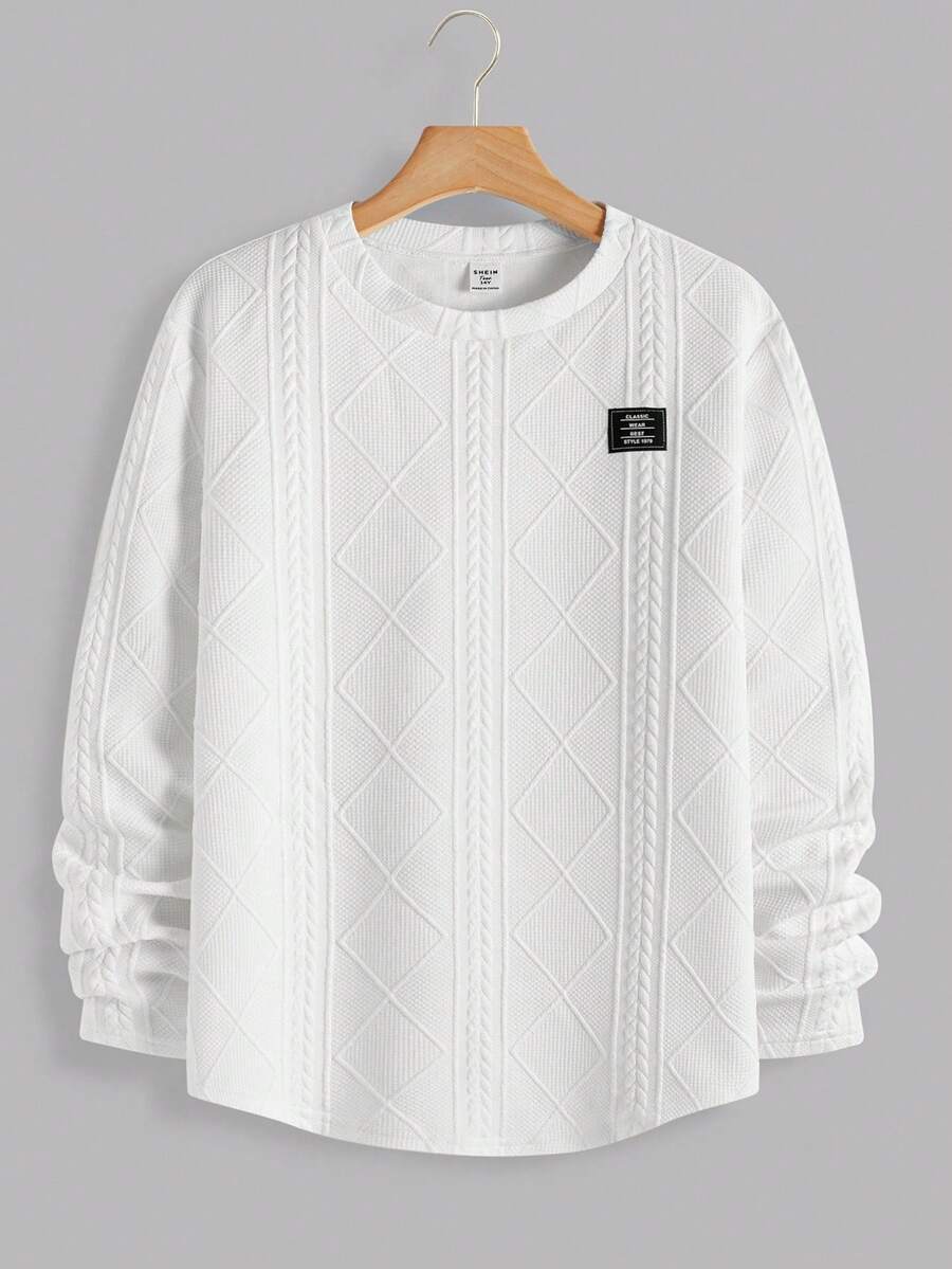 SHEIN 青少年男童休闲宽松舒适百搭织标装饰长袖圆领上衣 - 白色 - 查看 1