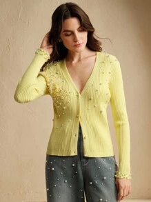 Anewsta Women's Lace Floral Beaded Yellow Cardigan - Yellow - View 4