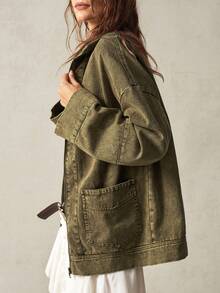 Bohemela Women's Turndown Collar Long Sleeve Pocket Jacket,Fall - Army Green - View 2
