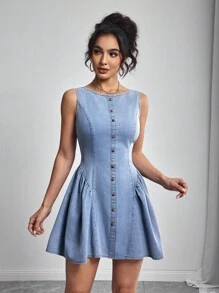 Elenzga Đầm denim không tay cổ tròn đơn giản, tối giản, màu trơn dành cho nữ - Màu xanh lam - Xem 4