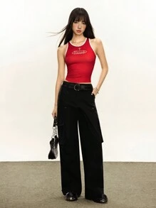 Rina Fox Summer Fashion Y2K Letter Pattern Trim Fitted Camisole - Red - View 5