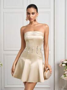 Poshira Women's Elegant Party Rhinestone Decor Satin Strapless Cocktail Dress Sequin Dress  Lace Dress Beige Dress Luxury Evening Dresses For Women - Champagne - View 4