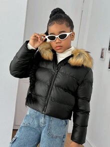 Sparklyn Girls' Padded Coat, Elegant, Luxury Fur Trim Hood, High-Tech Shiny Short Puffer Jacket, Versatile Padded Coat, Winter Fall - Black - View 3