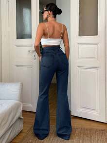 SHEIN Tall بنطلون جينز طويل بخصر عالي وقصة واسعة باللون الأزرق الفاتح، 98% قطن، للنساء الطويلات - أزرق متوسط - مشاهدة 2
