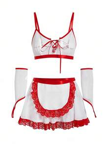 SHEIN Bộ trang phục hầu gái 5 món: Áo buộc dây + Quần lọt khe + Chân váy ngắn + 2 ống tay áo - Đỏ và trắng - Xem 6