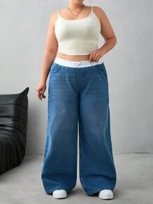 SHEIN Cottnline Plus Size 100% Bawełna Kobiety Spódnica Młody i Wysoki Stan Szerokie Nogawki Baggy Jeans - Ciemny jeans - Zobacz 4