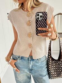 Siren Gaze Áo khoác cardigan dệt kim khóa kim loại thường ngày dành cho nữ - Màu be - Xem 6