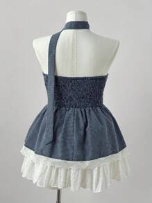 Sunspun 加大码蕾丝下摆格子抹胸上衣搭配格子围巾装饰 - 藍色 - 查看 2