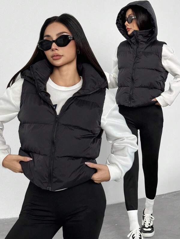Sparklyn Colete curto acolchoado com capuz para outono/inverno, casual, versátil, quente para uso diário, para adolescentes e meninas, colete acolchoado