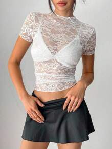 EgrlEra Áo cánh ren mỏng bó sát tay ngắn màu trơn dành cho nữ - trắng - Xem 1