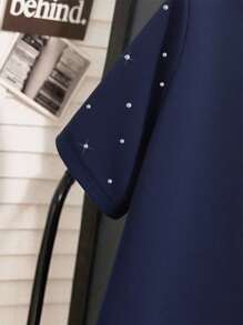 INAWLY Women's Casual Daily Rhinestone Decor Multi-Layer Ruffle Hem Loose Short Sleeve T-Shirt, Summer - Navy Blue - View 6