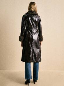 Poéselle PU Leather Trench Coat With Faux Fur Collar & Cuffs –Women's Solid Color Fur Collar Long Sleeve Mid-Length Fashionable Regular Jacket, Statement Winter Holiday Outerwear For Women ,PU Leather Trench Coat,Faux Fur Collar ,Statement Piece,Fur Coat,Teddy Coat - Chocolate Brown - View 3