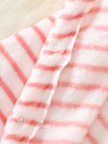 2pcs Unisex Baby Clothes Set: Fleece Zip-Up Footie Jumpsuit In Pink Striped Pattern + Pink Heart Design Chic Outfits For Autumn/Winter Fall - Pink - View 4