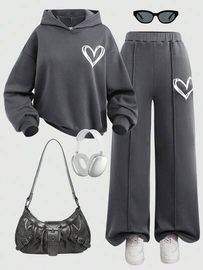 SHEIN 少女保暖内衬宽松休闲街头风超大爱心涂鸦印花连帽卫衣和配套宽松直筒裤套装，返校季穿搭，深灰色秋冬款