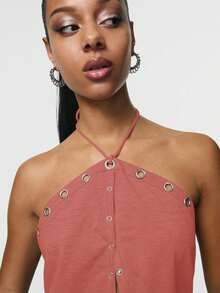 TypaGal Summer Sexy Sweatshirt Material Eyelet Front Button Backless Halter Top