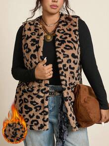 Freevana 大码女式休闲毛绒质感双口袋豹纹开襟背心外套，适合秋季穿着 - 彩色 - 查看 4
