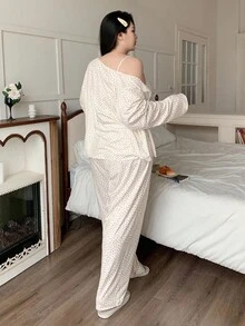 Dazy Plus 大码三件套碎花吊带背心+优雅长裤+纽扣门襟上衣睡衣套装，秋冬服装，舒适套装 - 白色 - 查看 2