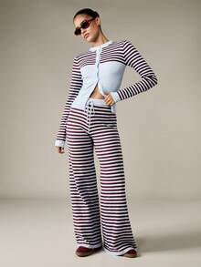 MISSGUIDED Gerippte Strick-Palazzohose in Burgunderrot-Weiß gestreift, hoher Bund, lässige Loungewear für Winter und Herbst, bequeme Modehose - Verschiedenfarbig - Übersicht 3