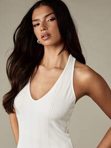 MISSGUIDED Đầm ngắn cổ yếm có gân ôm sát dự tiệc câu lạc bộ đêm đi chơi buổi tối ngày lễ kỳ nghỉ mùa hè mùa xuân thời trang ôm sát cơ thể ngắn không tay - trắng - Xem 5