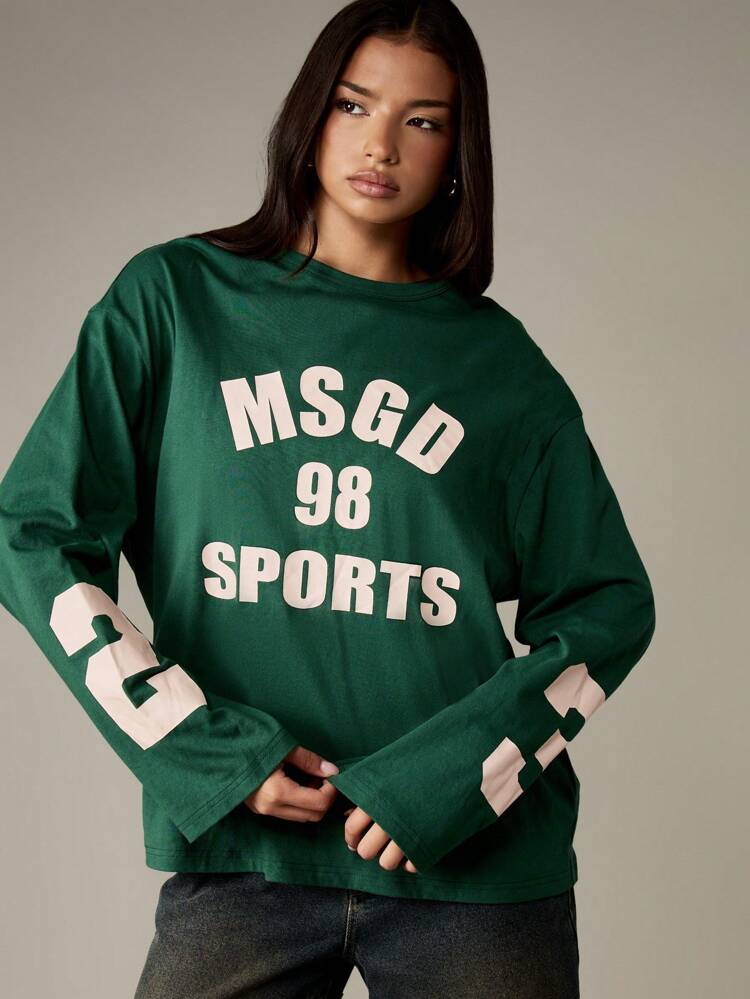 MISSGUIDED Retro Style Varsity Sports Long Sleeve Cotton T Shirt Classic Athletic Number Graphics Letter Print Casual Fall Winter Top