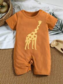 SHEIN Vintaside Kids Newborn/Infant Baby Boy Cartoon Giraffe Graphic Front Shoulder Button Short Sleeve Tee Romper, Baby Boy Rompers Baby Clothes Boy Giraffe Print Infant Boy Brown Baby 1M-18M - Brown - View 5