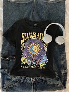 Attitoon 休闲圆领向日葵图案短袖修身女式T恤，适合夏季