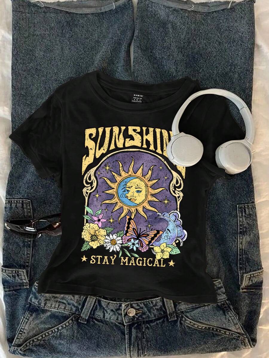 Attitoon 休闲圆领向日葵图案短袖修身女式T恤，适合夏季