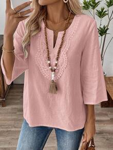 SHEIN LUNE Camisa de unicolor con parches de encaje, casual para vacaciones - Rosado Sandía - Ver 5