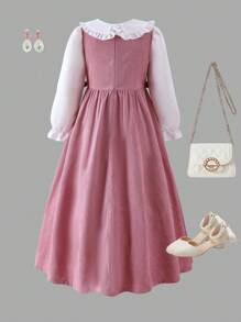 Vestido de niña preadolescente con cuello Peter Pan y decoración de lazo plisado 2 en 1 - Rosa - Ver 2