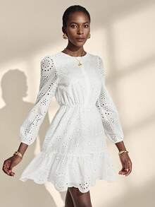 Almamuse Robe longue à manches longues avec ourlet à volants brodés blanc unicolore pour femmes - Blanc - Voir 6