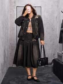 SHEIN EZwear 大码女式前卫街头风格做旧黑色牛仔夹克，无弹力 - 黑色 - 查看 1