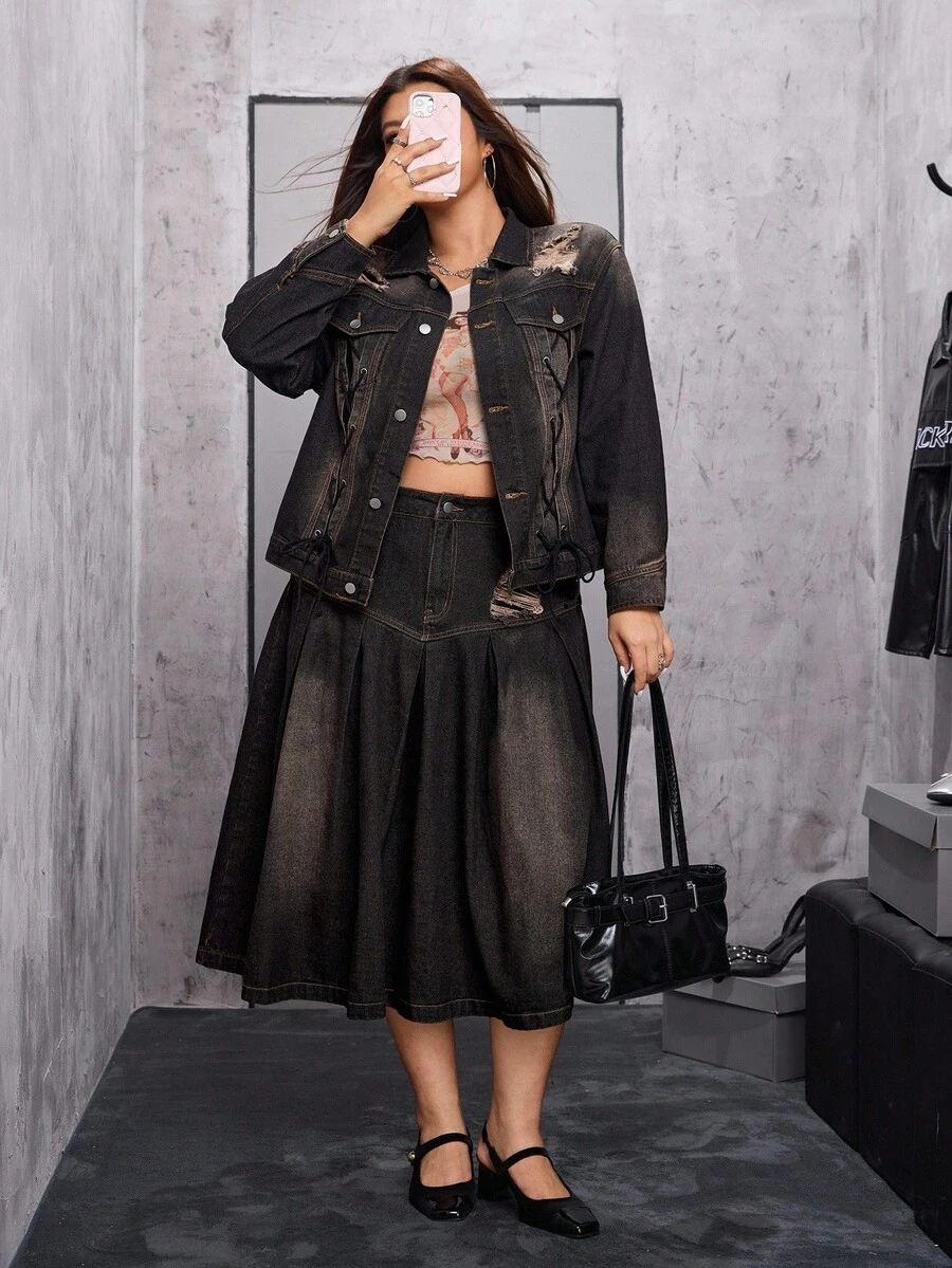 SHEIN EZwear 大码女式前卫街头风格做旧黑色牛仔夹克,无弹力 - 黑色 - 查看 1