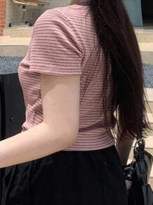 Dazy Plus Contrast Color Splice Round Neck Stripe Short Sleeve Fitted T-Shirt, Spring/Summer Woman S Summer Clothes,Crop Tops Women - Pink - View 2