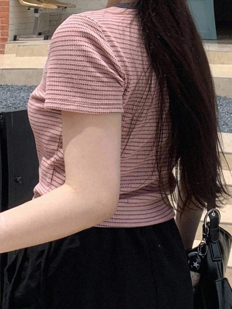 Dazy Plus Contrast Color Splice Round Neck Stripe Short Sleeve Fitted T-Shirt, Spring/Summer Woman S Summer Clothes,Crop Tops Women