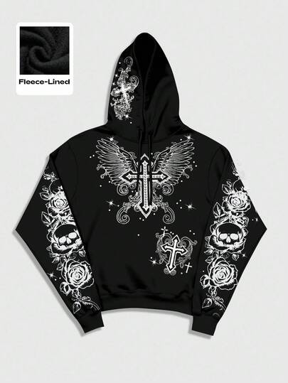 Street Life Men's Cross & Wing Print Long Sleeve Hoodie, Punk Street Style , Fall Winter