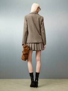 Airlisse 女士人字纹羊毛西装外套搭配褶裥中长裙套装，正式优雅 - 摩卡棕 - 查看 6