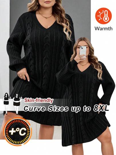 SHEIN CURVE+ V-Neck Waist Cinched A-Line Dress, Textured Knit Fabric, Casual & Elegant For Commuting, Autumn/Winter, Plus Size Women Plus Size Cable Knit Sweater Dress