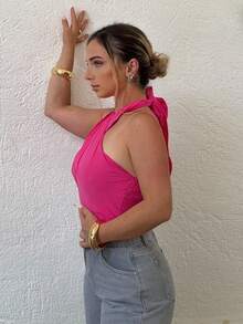 Jeta Ari Women's Summer Casual Solid Color Backless Cross Halter Neck Camisole - Hot Pink - View 6