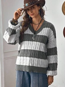 LanaWest Women's Twist Cable Pattern Striped V-Neck Drop Shoulder Long Sleeve Casual Pullover Sweater Fall Winter Cloth For Women - Dark Grey - View 3