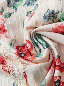 Linhara 大码女式纹理花卉印花蕾丝拼布长袖荷叶边V领休闲常规衬衫 - 杏色 - 查看 4