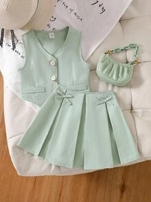 Elladie kids 两件套复古风格西装背心和百褶裙套装，适合年轻女孩，优雅的办公室和休闲装设计 - 綠色 - 查看 5